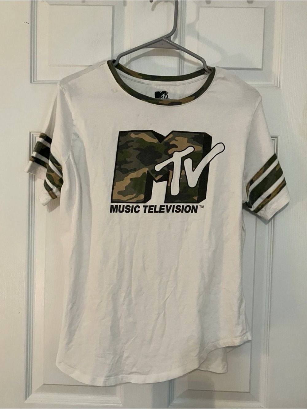 MTV White Tee with Olive Green and Brown Camo Trim